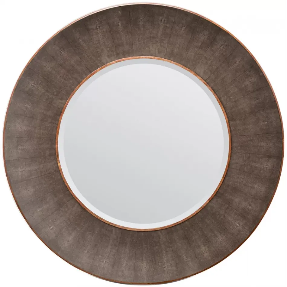 Armond Dark Mushroom Walnut Realistic Faux Shagreen Veneer Round Mirror