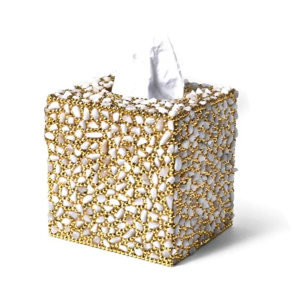 Ambrosia White Quartz/Gold Square Tissue Holder (5.75"L x 5.25"W x 6"H)