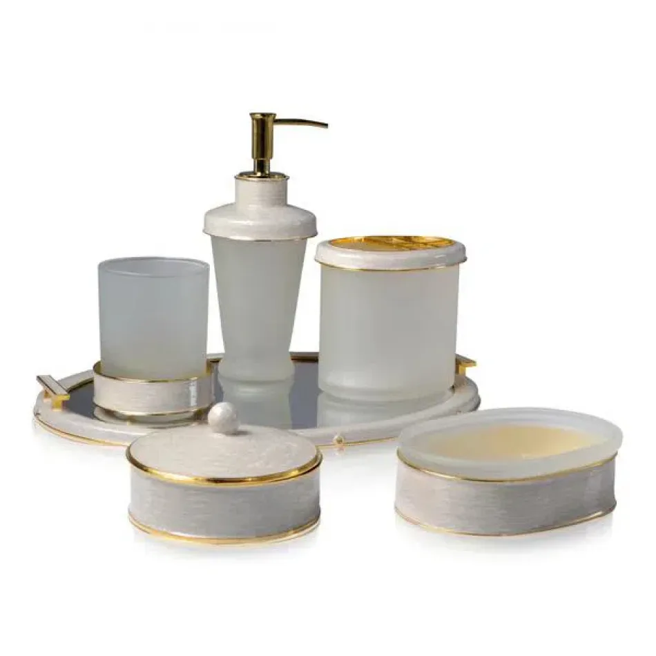 Essentials Moonglow Silver Pearlized Enamel with Gold Trim  Scalloped Wastebasket + Liner (8.75"L x 7"W x 11.25"H)