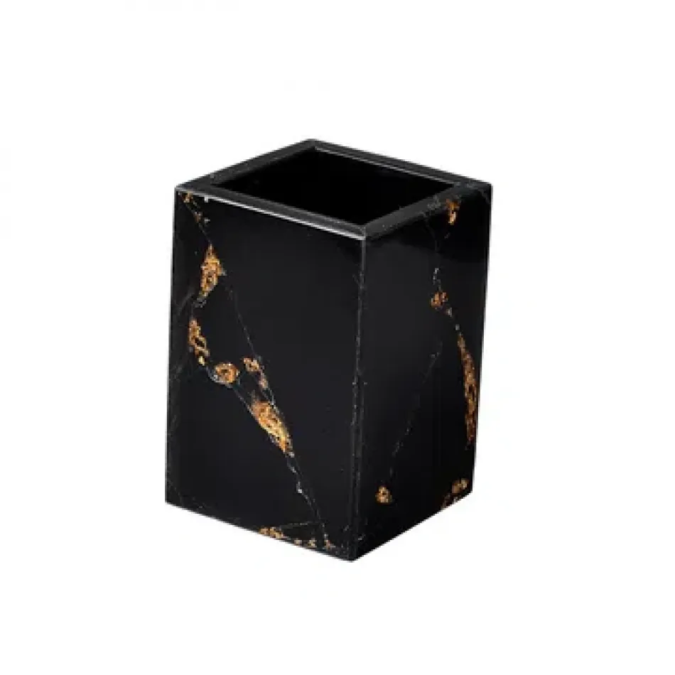 Taj Premium Gemstone Obsidian/Gold Foil  Brush Holder (3"L x 3"W x 4"H)