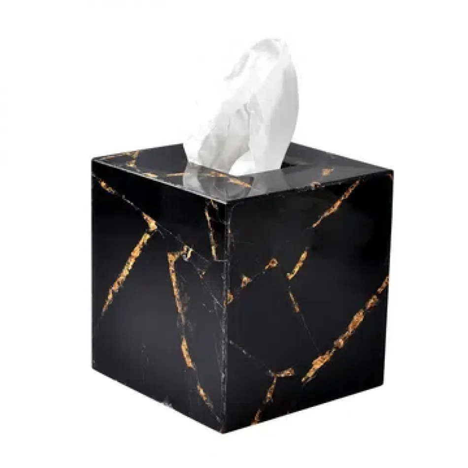 Taj Premium Gemstone Obsidian/Gold Foil  Square Tissue Holder (5.75"L x 5.75"W x 6"H)