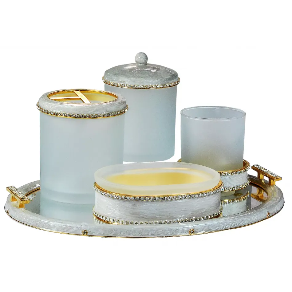 Audrey Moonglow Enamel/Gold Trim Tall Square Container (3.75"W x 3.75"L x 5"H)