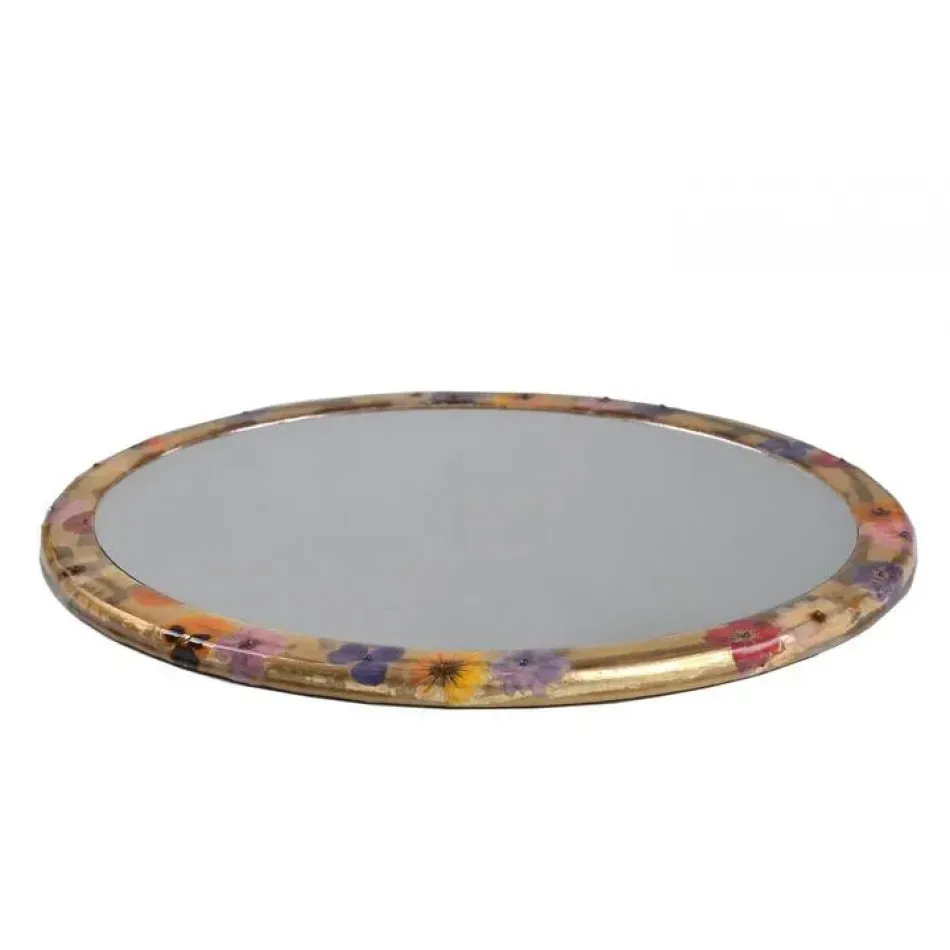 Fleur/Wildflowers with Cabochon Stones/Gold Trim Oval Vanity Tray w. Mirror (16"L X 13"W)