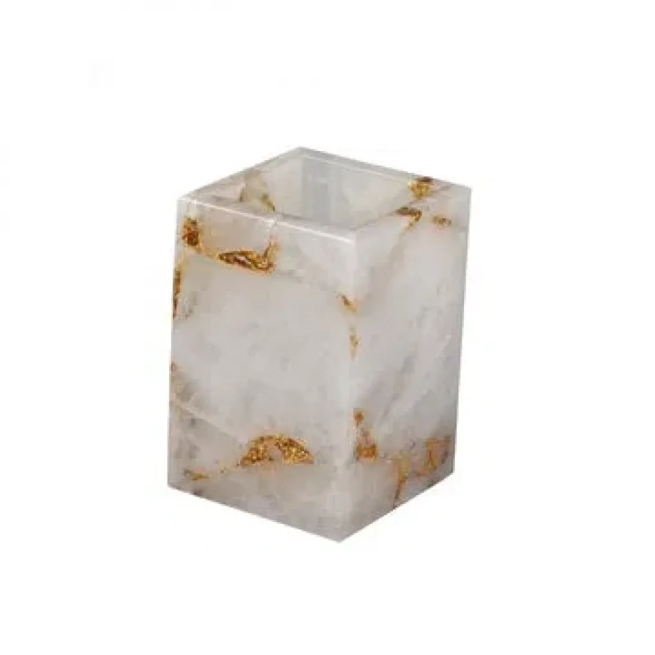 Taj Premium Gemstone Rock Crystal/Gold Foil  Brush Holder (3"L x 3"W x 4"H)