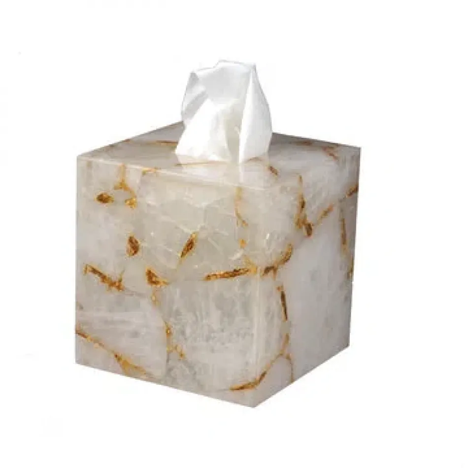 Taj Premium Gemstone Rock Crystal/Gold Foil  Square Tissue Holder (5.75"L x 5.75"W x 6"H)