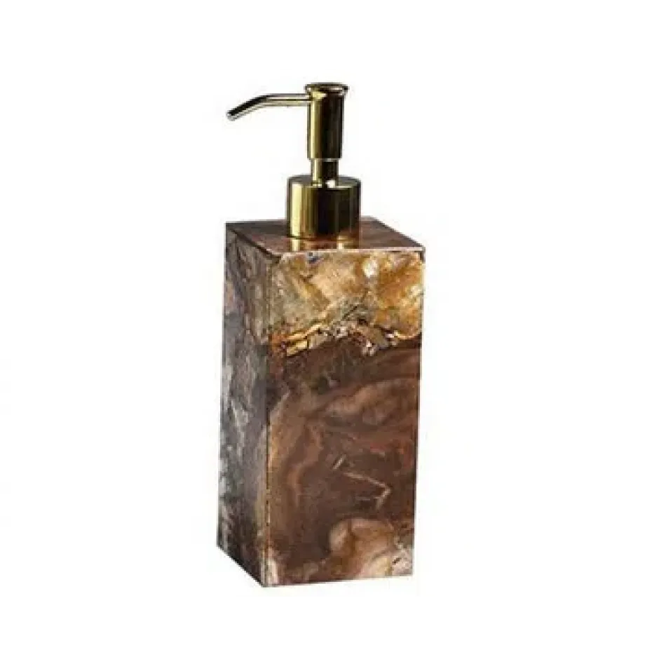Taj Premium Gemstone Petrified Wood  Lotion/Soap Dispenser (3"L x 3"W x 8.5"H) Gold Pump