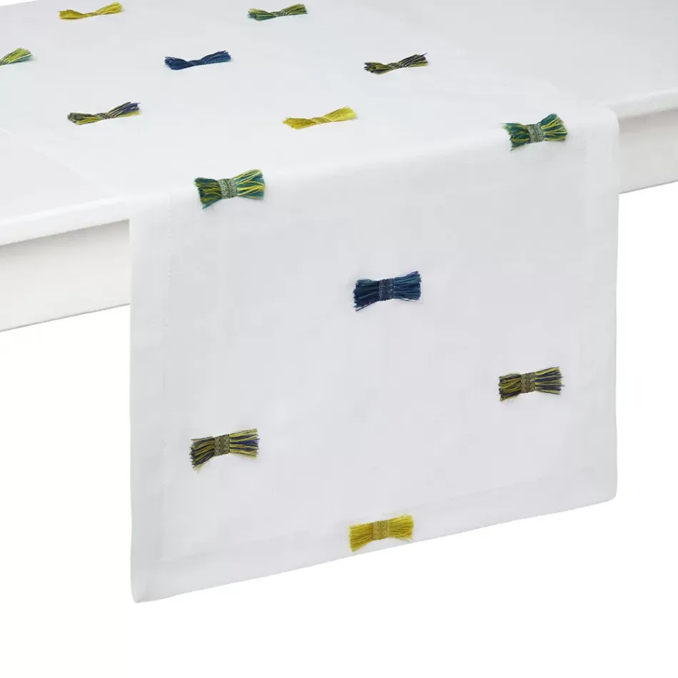 Bora Bora Blue/Mustard Bows on White Runner 16 x 90 in