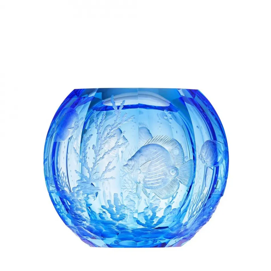 Globe Vase Aquamarine Lead-Free Crystal, Cut, Engraving Coral Fish 20 cm