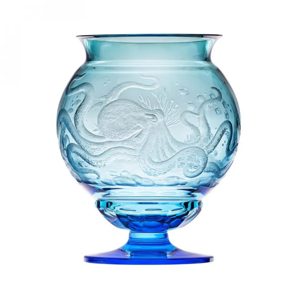 Bernadette Underlaid Vase Aquamarine Green Lead-Free Crystal, Cut, Engraving Octopus 30.5 cm