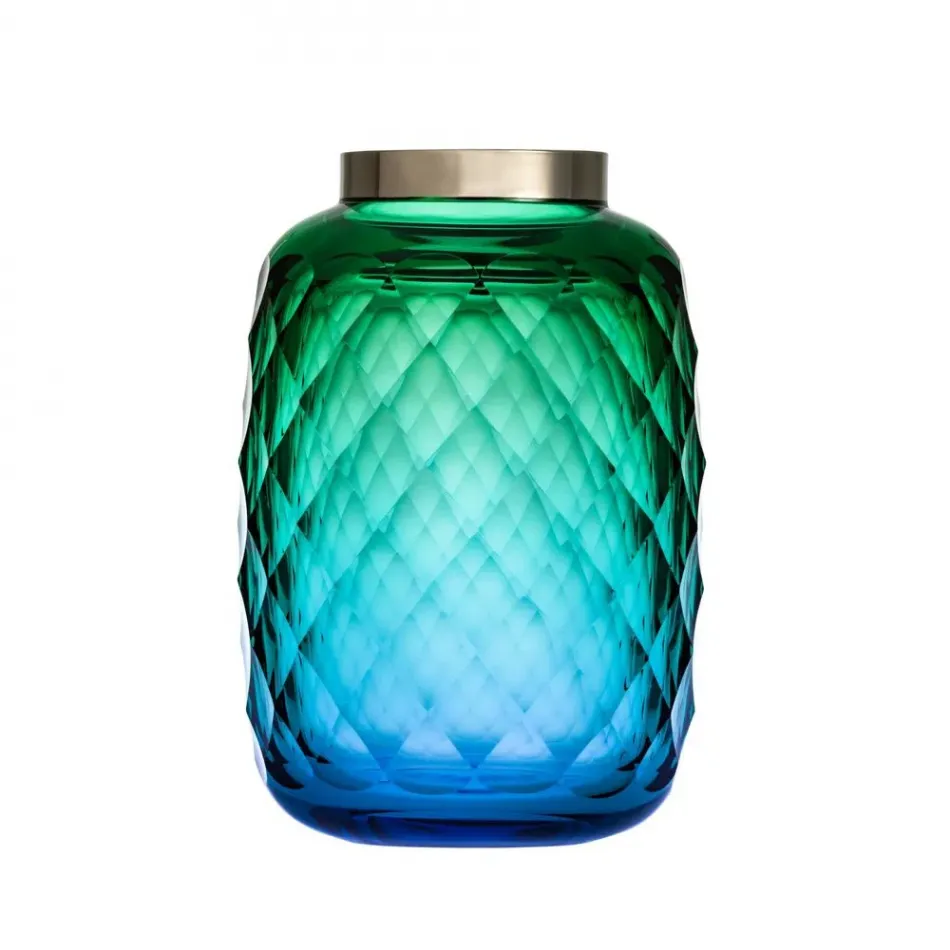 Chia Te Underlaid Vase Aquamarine Green, Diamond Cut, Platinum (Wide Border) 28 Cm