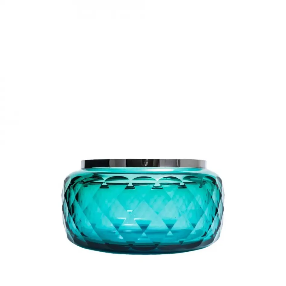 Chia Te Underlaid Bowl Aquamarine Green Lead-Free Crystal, Diamond Cut, Platinum (Wide Border) 28,6 cm