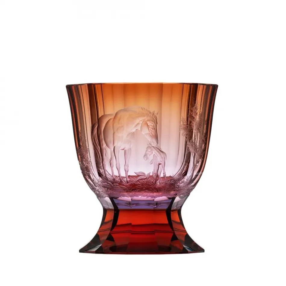 Paso Doble Underlaid Vase Combination Of Colors Lead-Free Crystal, Cut, Bonded Parts, Engraved Horses 27 cm