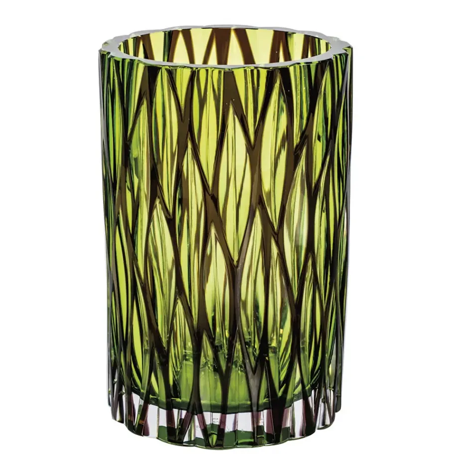 Wood Underlaid And Overlaid Vase Clear Reseda Amethyst Lead-Free Crystal, Wedge-Shaped Cuts 22 cm