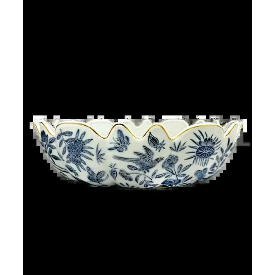 Sacred Bird & Butterfly Blue Scalloped Bowl 10.5"