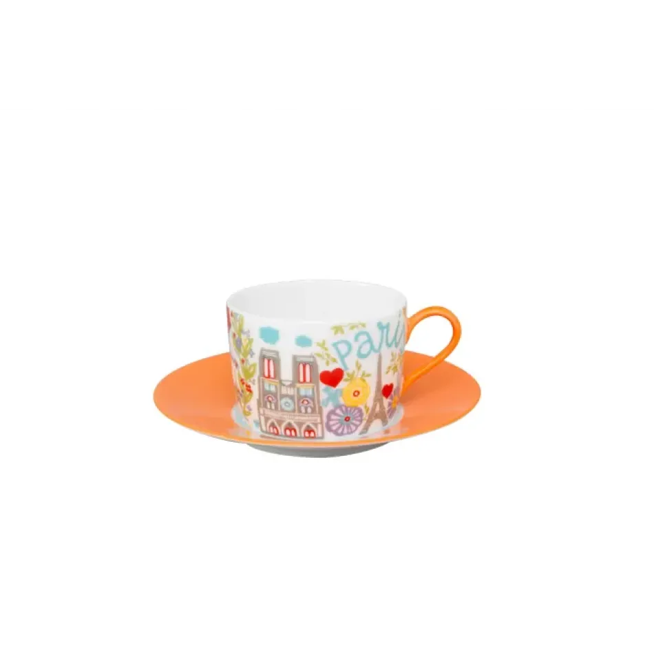 Vues De Paris Orange Tea Cup & Saucer (Special Order)