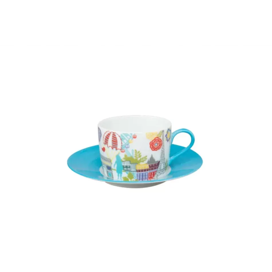 Vues De Paris Sky Blue Tea Cup & Saucer (Special Order)