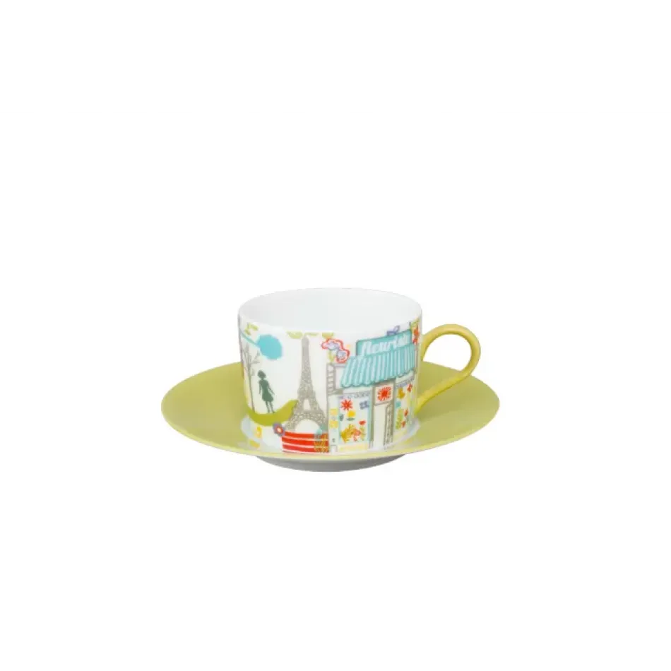 Vues De Paris Sage Green Tea Cup & Saucer (Special Order)