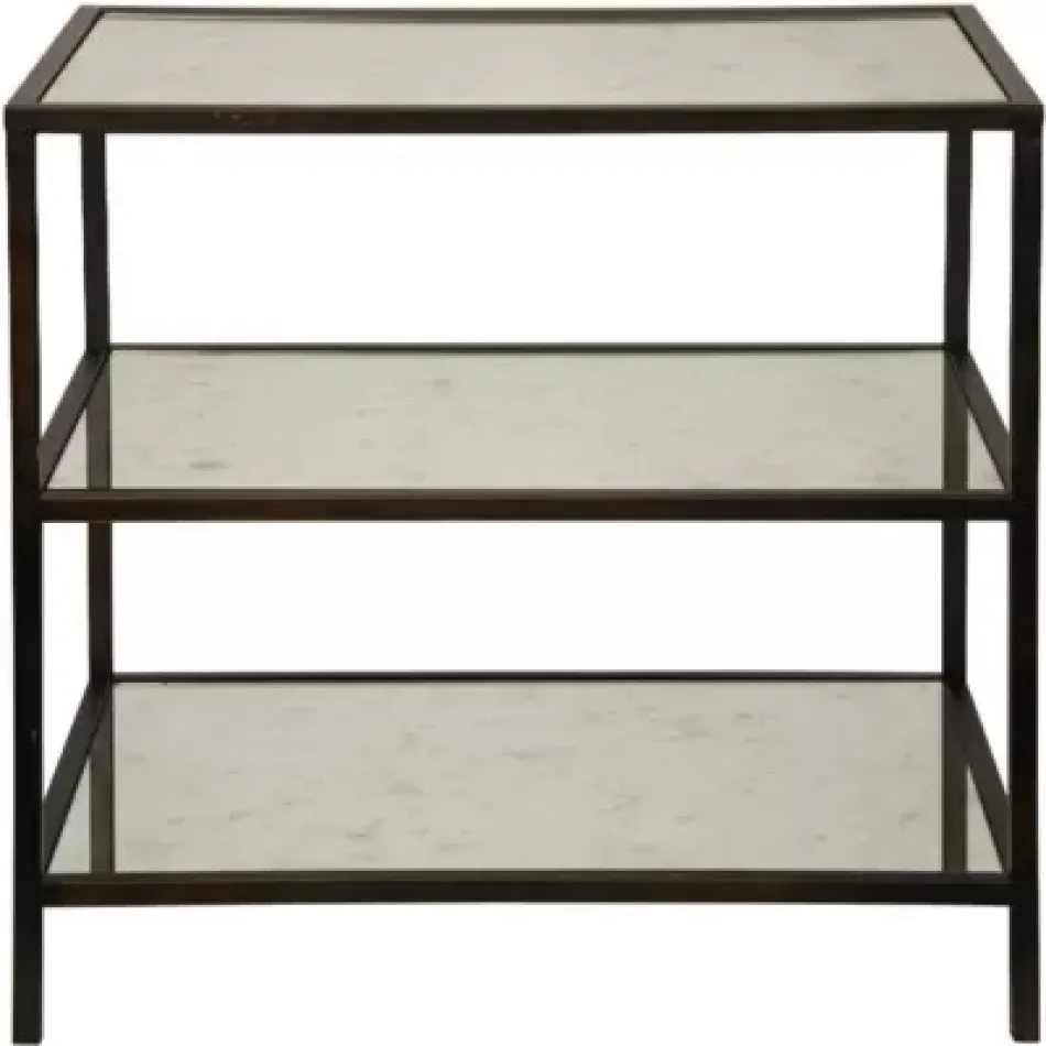 3 Tier Side Table with Antiqued Mirror, Black Metal