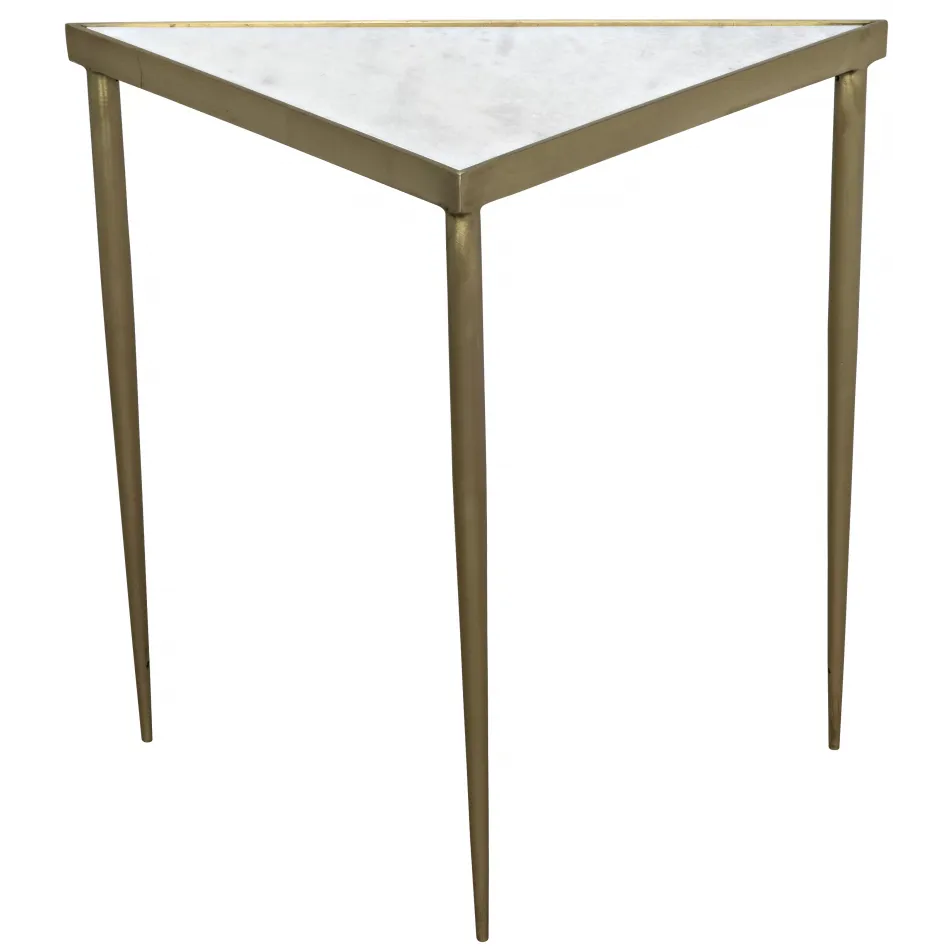 Comet Triangle Side Table, Large, Stone, Metal with Brass Finish