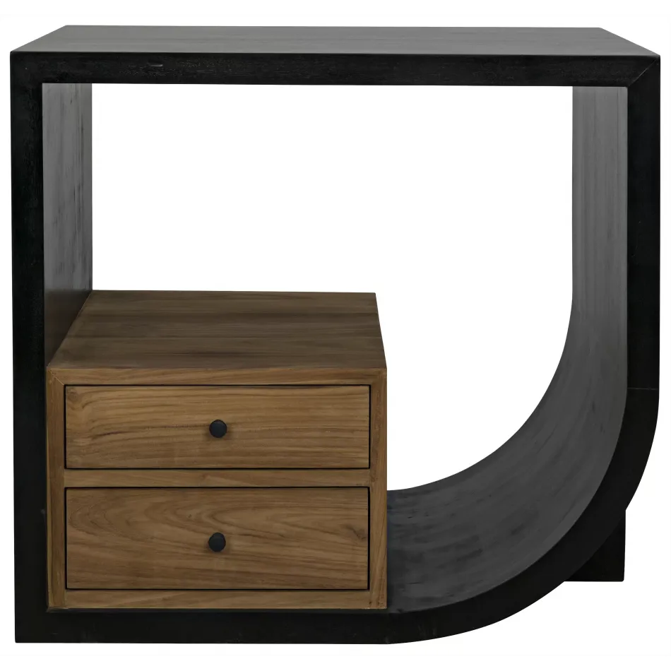 Burton Side Table, Right, Hand Rubbed Black and Teak