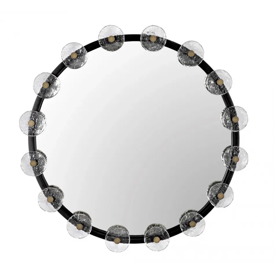 Moira Round Mirror with Glass Details, Black Metal