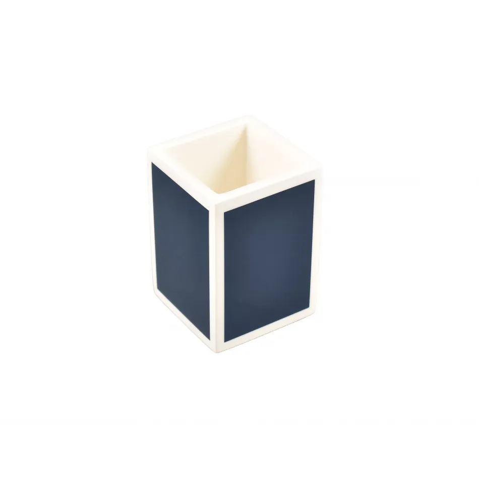 Lacquer Navy Blue/White Trim Brush Cup 3"L x 3"W x 4.5"H