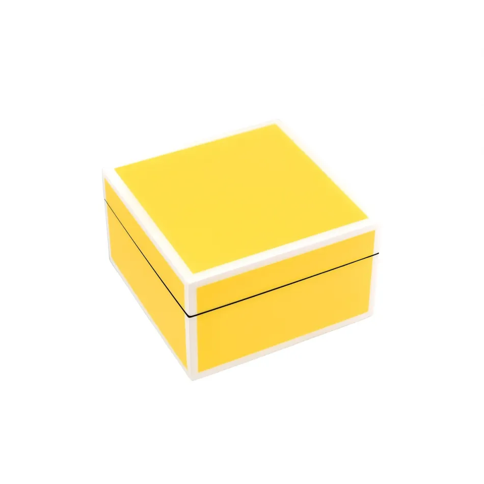 Lacquer Sunshine Yellow/White Trim Square Box 5" x 5" x 3"H