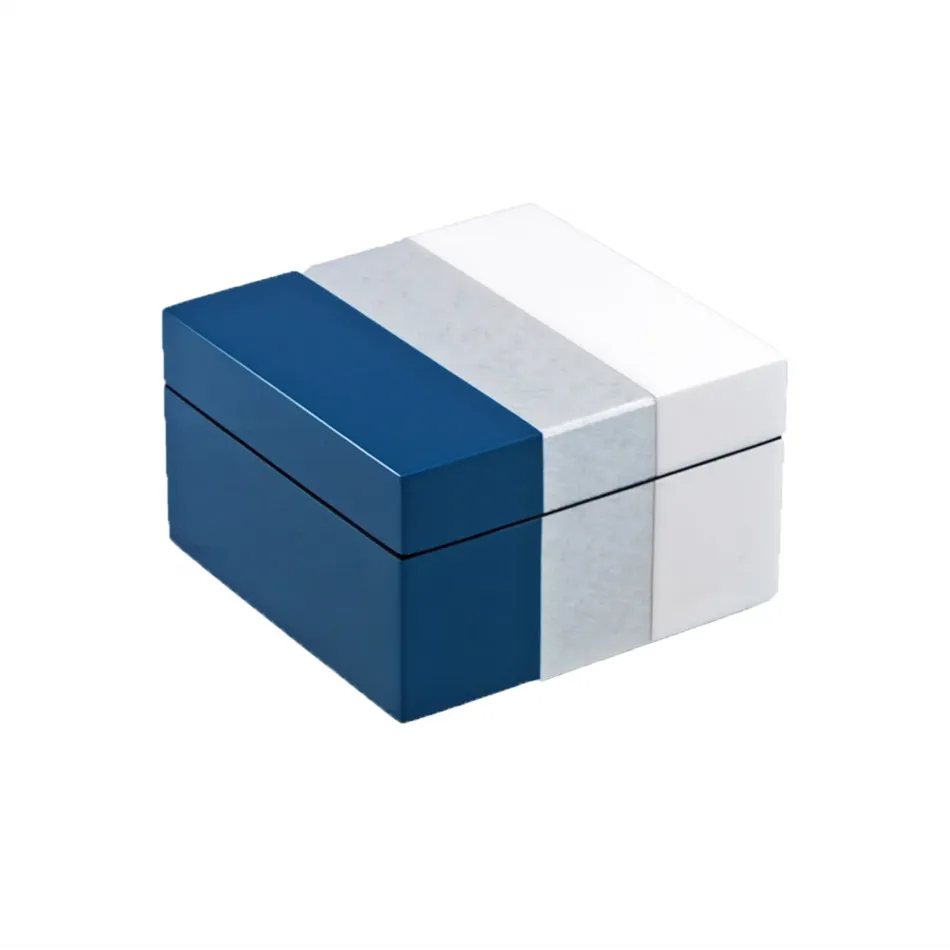 Lacquer Navy Blue/Shine Silver/White Square Box 5" x 5" x 3"H