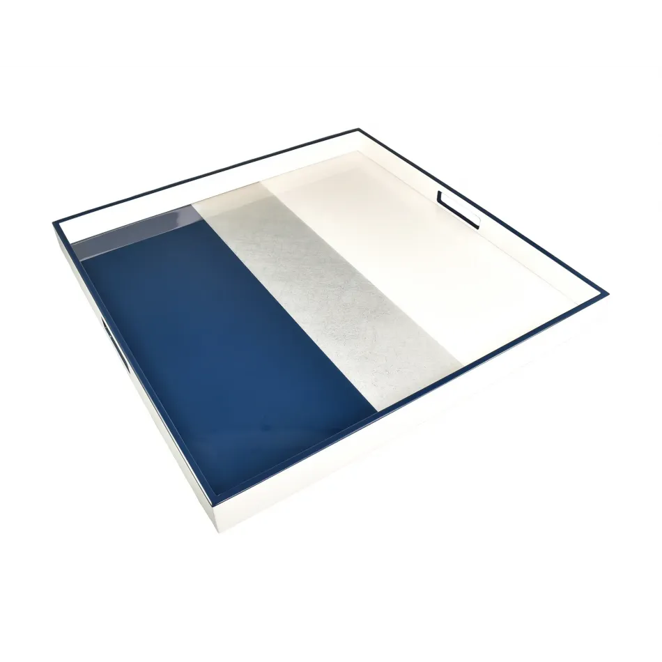 Lacquer Navy Blue/Shine Silver/White Square Tray 22" x 22" x 2"H