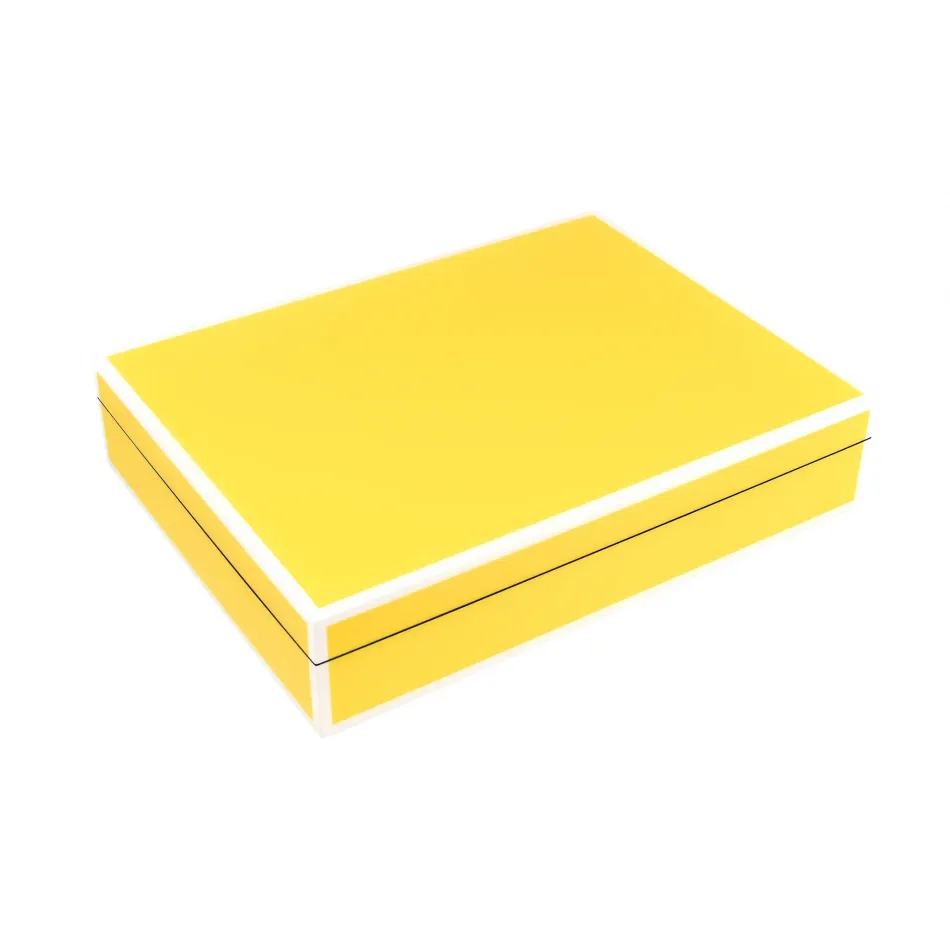 Lacquer Sunshine Yellow/White Trim Stationery Box 12.5" x 9.5" x 2.5"H