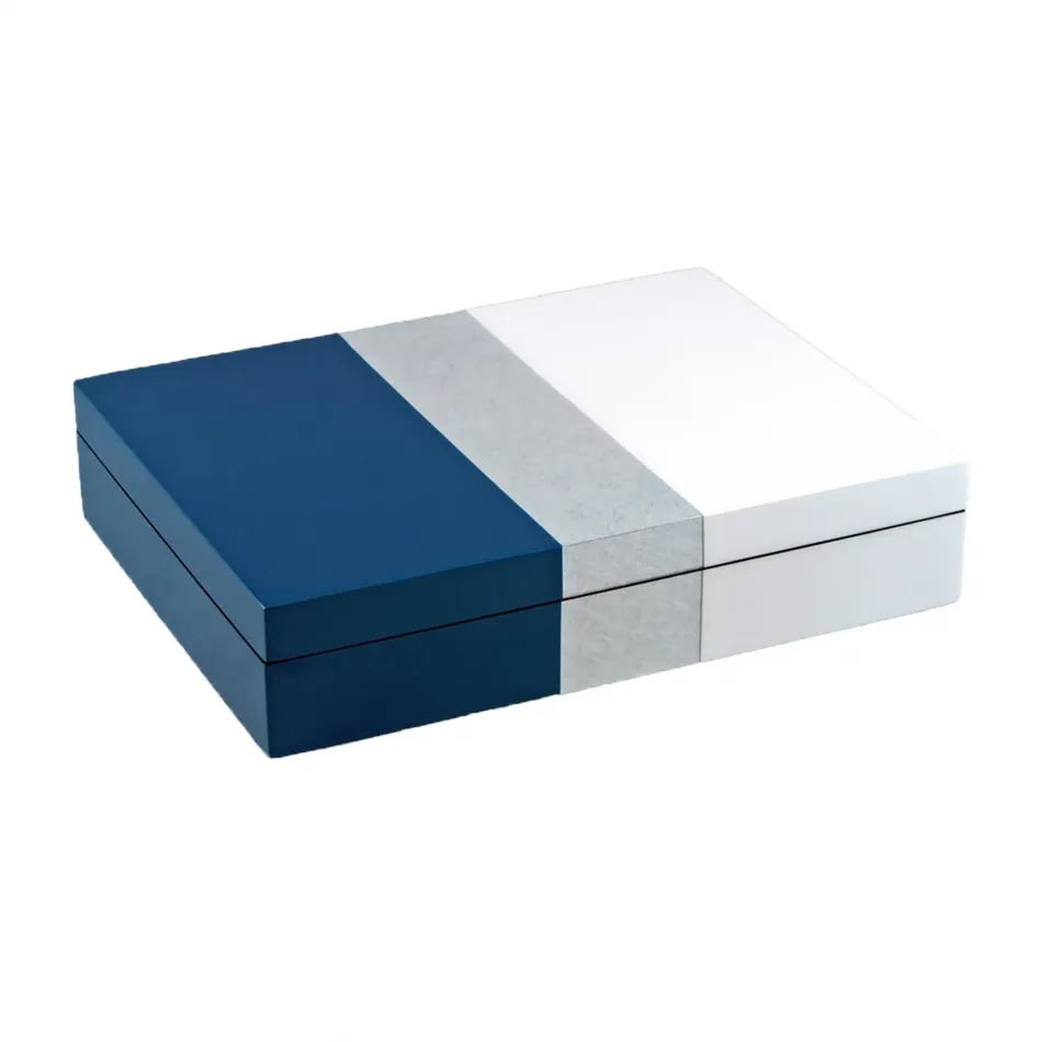 Lacquer Navy Blue/Shine Silver/White Stationery Box 12.5" x 9.5" x 2.75"H