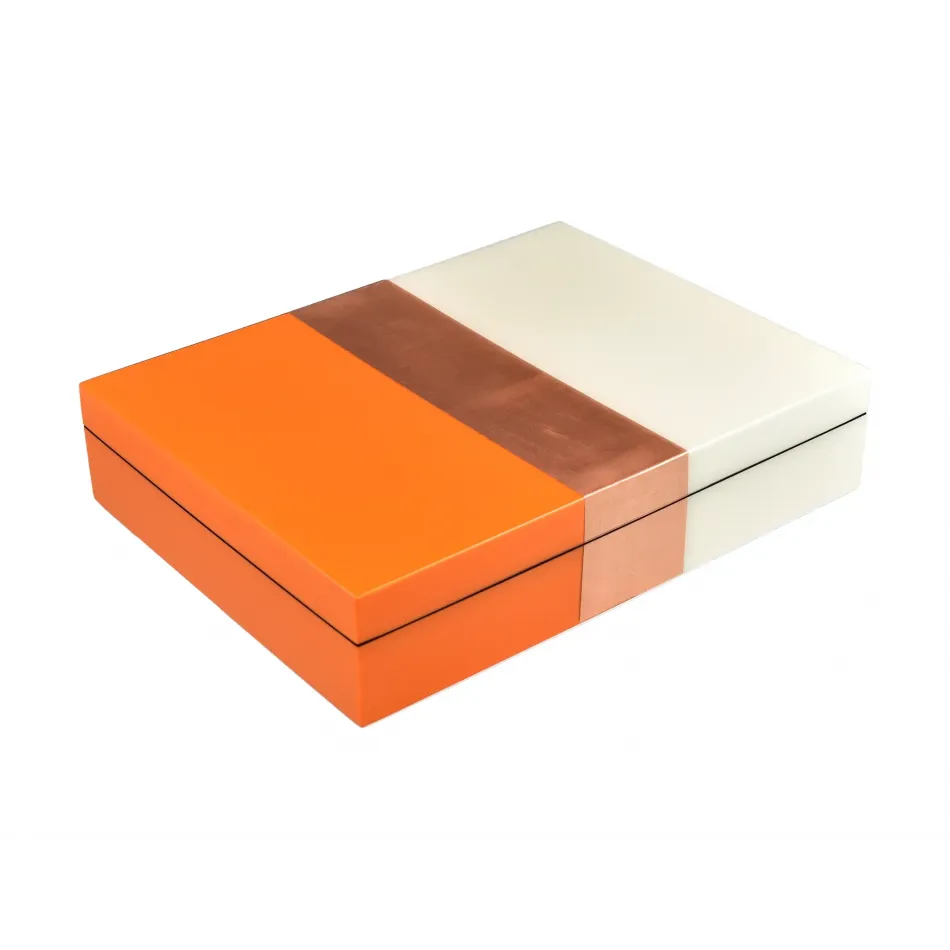 Lacquer Orange/Copper/White Stationery Box 12.5" x 9.5" x 2.75"H