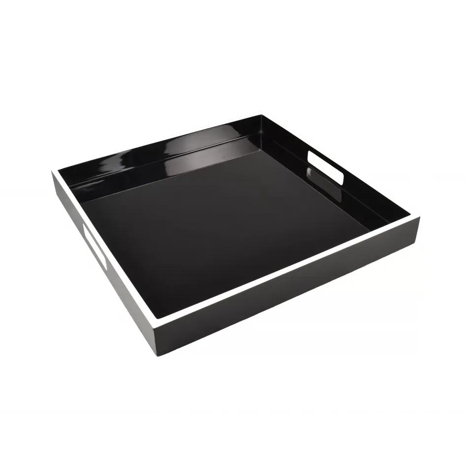 Lacquer Black/White Trim Medium Square Tray 16 x 16 x 2"H