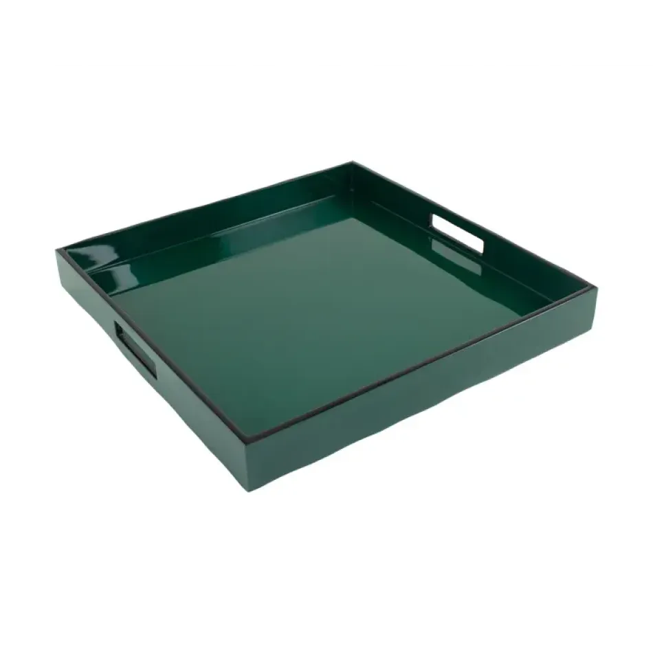 Lacquer Forest Green/Black Trim Square Tray 16" x 16" x 2"H