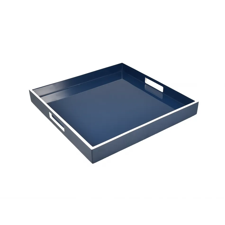 Lacquer Navy Blue/White Trim Square Tray 16" x 16" x 2"H