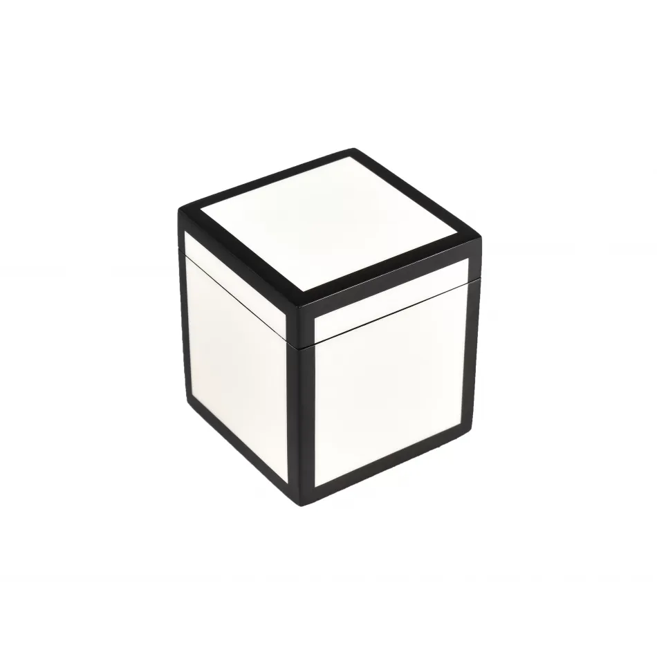 Lacquer White/Black Trim Q Tip Box 3.5"L x 3.5"W x 4"H