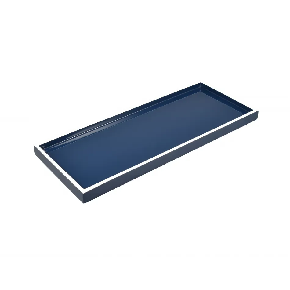 Lacquer Navy Blue/White Trim Long Vanity Tray 7"L x 17"W x 1.5"H