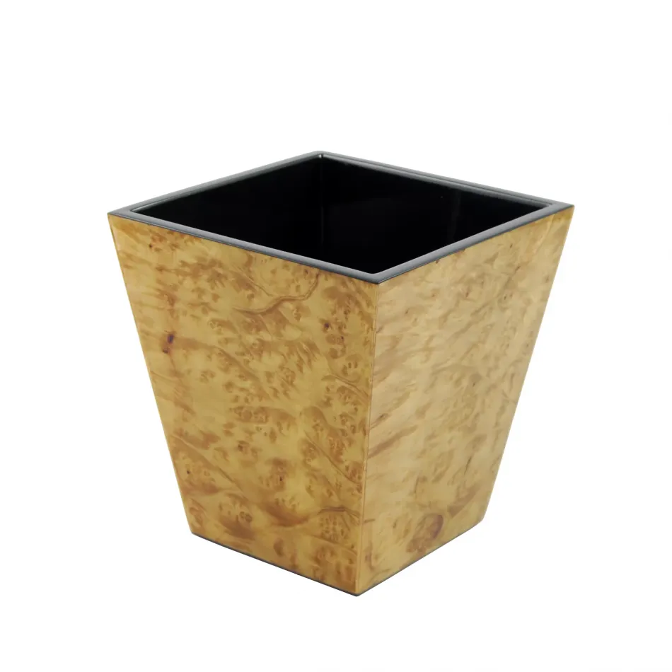 Lacquer Walnut Burl/Black Waste Basket 9" x 9" x 10"H