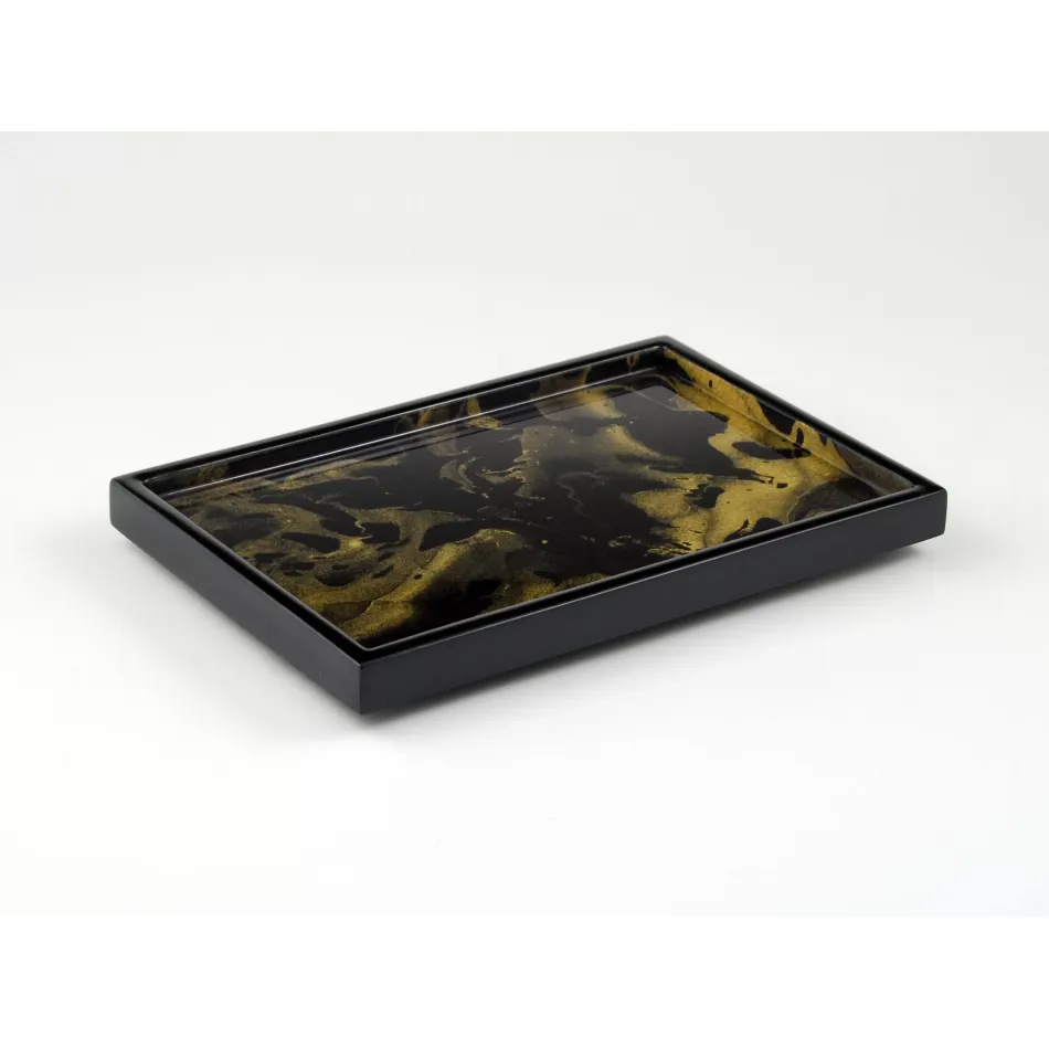 Lacquer Black Gold Marble Vanity Tray 8" x 12" x 1.5"H