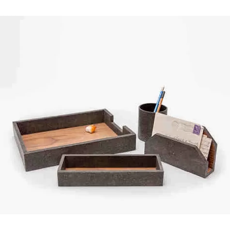 Crosby Dark Mushroom Letter Tray Set Letter Tray: 13"L x 10"W x 2"H, Envelope Holder: 7.5"L x 2"W x 4.5"H, Pencil Holder: 3.5"D x 4"H, Pencil Tray: 10"L x 3.5"W x 1.5"H, Pencil Tray: 10"L x 3.5"W x 1.5"H