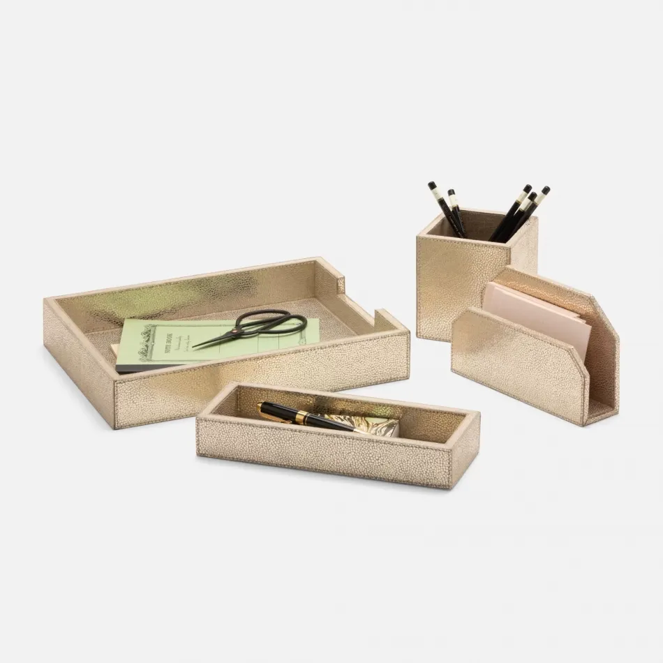 Viana Gold Foil Set: Letter Tray Envelope Holder Pencil Tray And Pencil Holder Full-Grain Leath