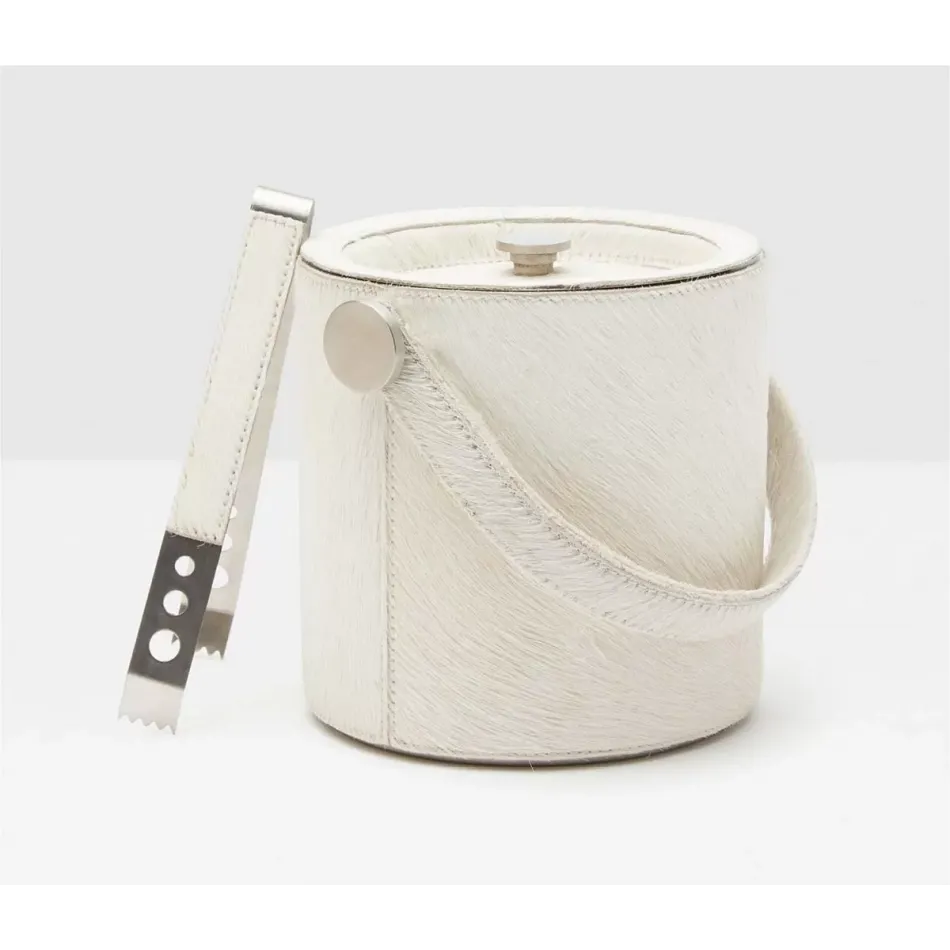 Browmley Natural White, Ice Bucket w/ Tongs, Round, Hair-On-Hide
