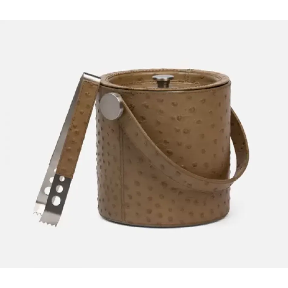 Witney Oat Brown Ostrich Ice Bucket W/ Tongs Round Full-Grain Leather