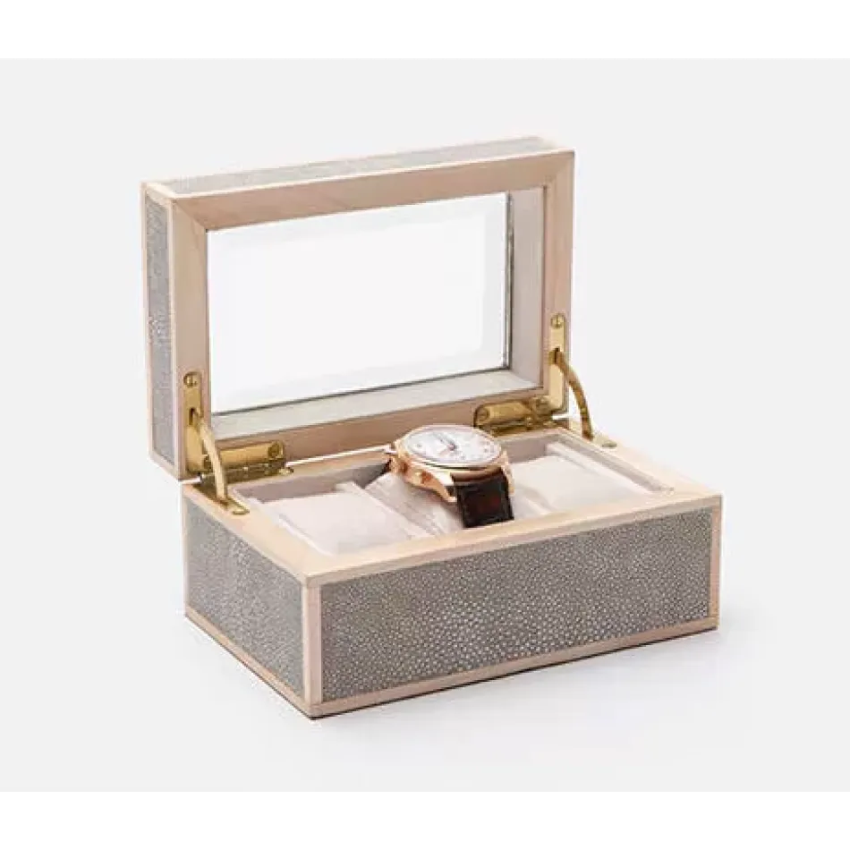 Elmbridge Sand 3-Watch Box Realistic Faux Shagreen/Glass