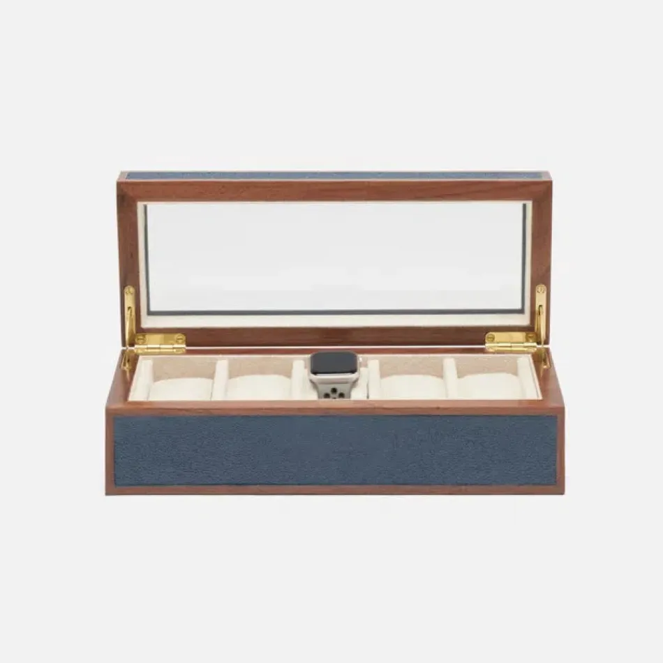 Elmbridge Navy/Walnut 5-Watch Box Realistic Faux Shagreen/Glass