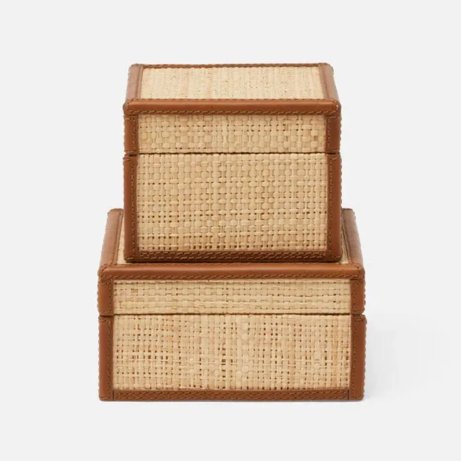 Hanford Natural/Saddle Canisters Small: 4"L x 4"W x 3"H, Large: 5"L x 5"W x 2.5"H, Set of 2