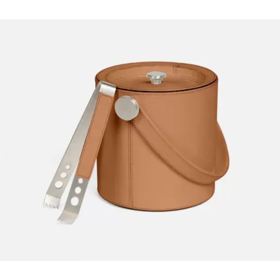 Brisbane Cognac Ice Bucket W/ Tongs Round Marine Leather