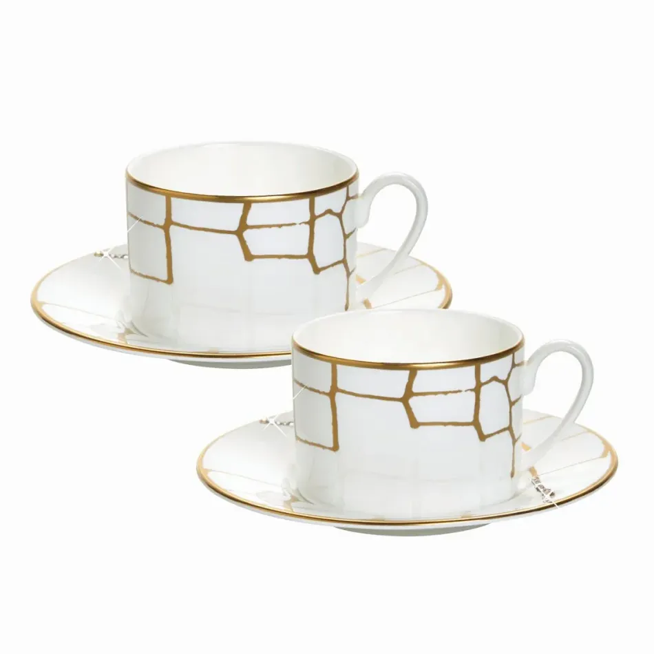 Alligator Gold With Crystal Tea Cup & Saucer Set Of 2
