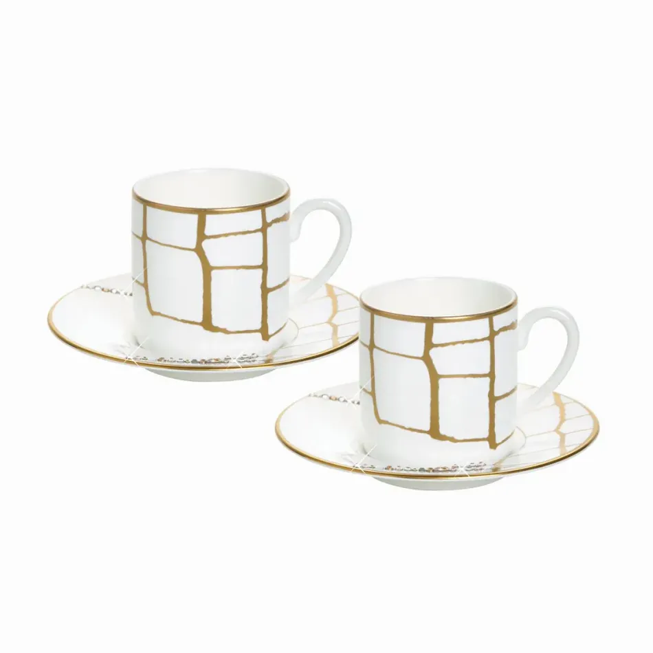 Alligator Gold With Crystal Espresso Cup & Saucer, Set Of 2