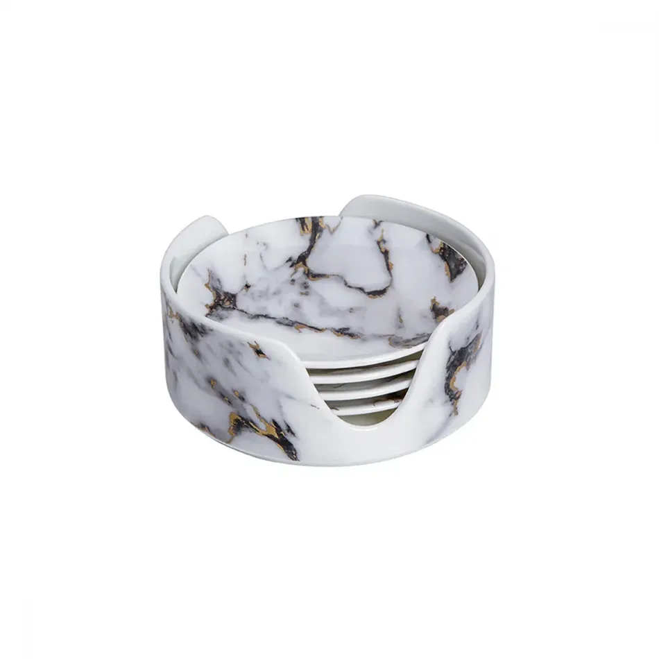 Marble Venice Fog Coaster In Holder, Set Of 4
